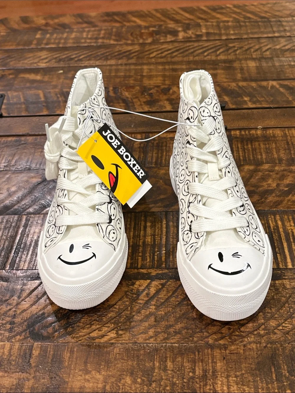 Joe Boxer White Canvas High-Top Sneakers with Black Smiley Pattern